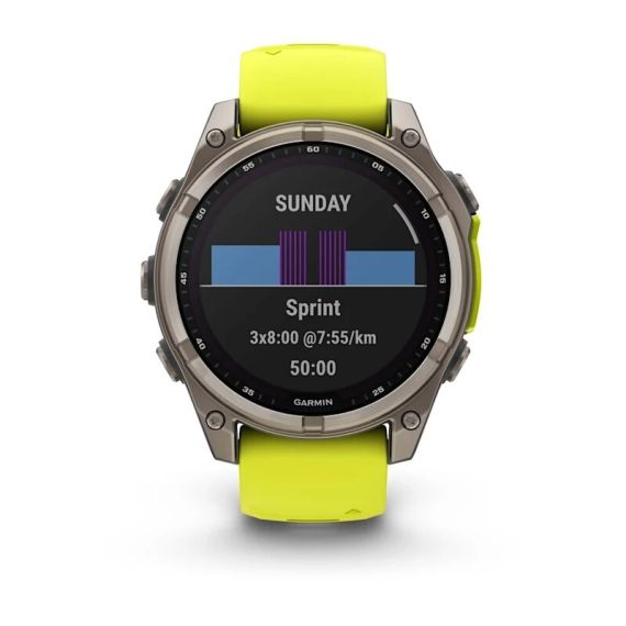 Умные часы Garmin Fenix 8, 47 мм, Solar, Sapphire titanium with an amp yellow/graphite silicone band